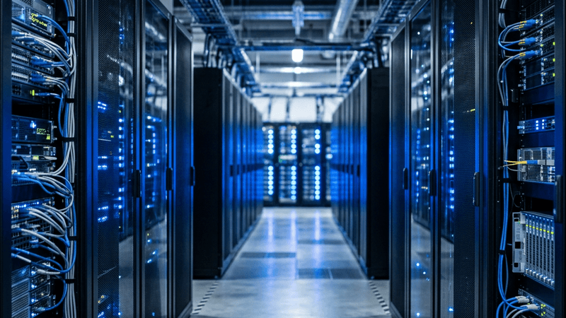 Server racks in a modern data center with blue LED lights
