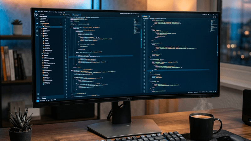 Ultra-wide monitor with dark-themed code editor and mechanical keyboard